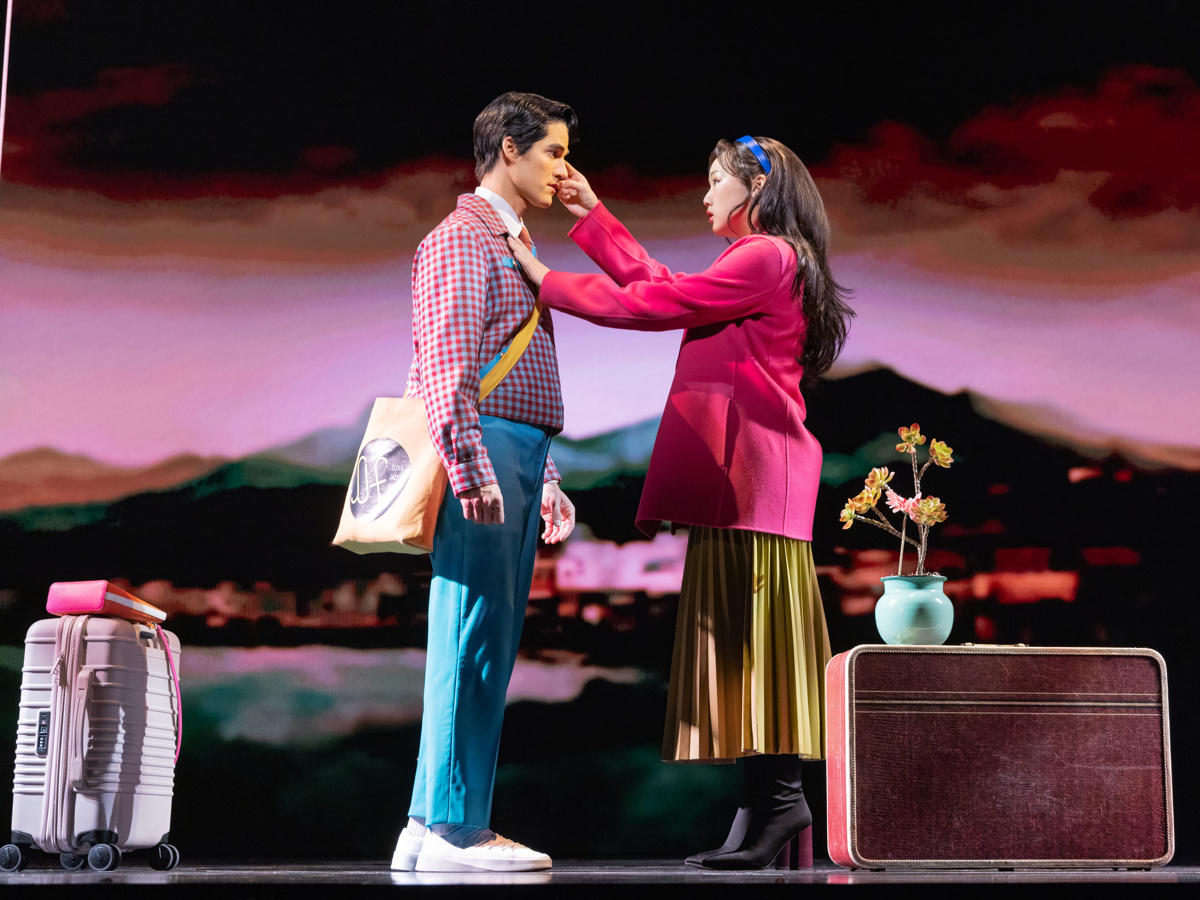 Darren Criss as Helperbot Oliver and Helen J Shen as Helperbot Claire in Maybe Happy Ending on Broadway